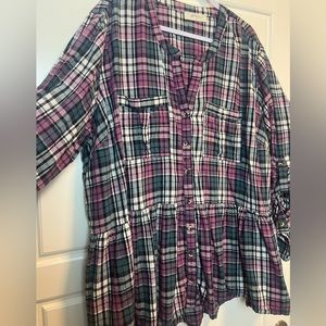A Beautiful Soul 3XL Flowy 100% Cotton Blue and Pink Hued Plaid Button U…